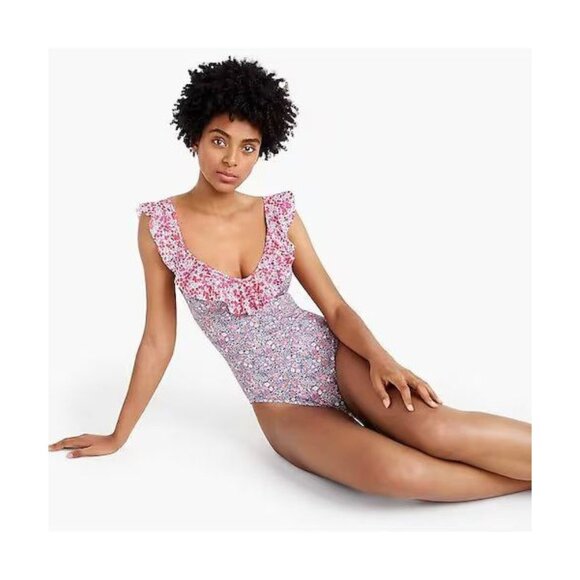 J.Crew Ruffle Deep-V One-Piece Swimsuit Womens Size 8 Floral Cottagecore Beach - Picture 1 of 12